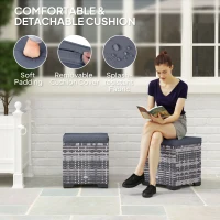 Outsunny Set of 2 Rattan Storage Ottoman, Outdoor Footstool with Removable Cushions, Garden Storage Seat for Balcony, Porch, Living Room, Dark Grey(m-5)