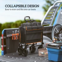 Outsunny 160L Festival Trolley on Wheels, Folding Camping Trolley Cart w/ Tailgate, 100kg Heavy Duty Garden Collapsible Folding Wagon w/Adjustable Handle, Carry Bag for Beach Picnic, Black and Orange(m-5)