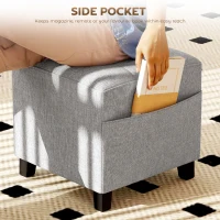 HOMCOM Square Footstool, Small Ottoman with Side Pocket, Linen Fabric Footrest Foot Stool with Rubber Wood Legs and Padded Seat for Living Room, Bedroom, Entryway, 35 x 35 x 35cm, Light Grey(m-5)