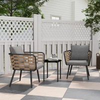 Outsunny 3 Pieces Rattan Bistro Set with Washable Seat and Back Cushions, Glass Top Coffee Table, for Outdoor, Patio, Black(m-2)