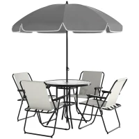 Outsunny 4 Seater Garden Furniture Set, 6 Pieces Garden Table and Chairs with Parasol, Outdoor Garden Dining Set with Folding Chairs and Round Glass Top Table for Patio, Cream White(m-11)