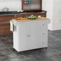 HOMCOM Kitchen Island with Drop Leaf, Rolling Kitchen Storage Trolley on Wheels with 3 Drawers, Spice Rack and Towel Rack, Storage Cart with Rubber Wood Top, White(m-9)