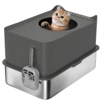 PawHut Stainless Steel Cat Litter Tray, Extra Large Enclosed Litter Box with Scoop, Top Entrance, Non-slip Pads, Dark Grey(m-10)