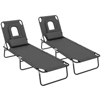 Outsunny Folding Sun Loungers Set of 2 with Face Hole, 4-Position Adjustable Backrest Garden Recliner Chairs Sunbeds, Outdoor Lounge Chairs with 600 D Oxford Cloth Seat, Pillow for Beach, Dark Grey(m-10)