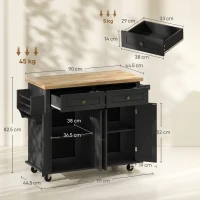HOMCOM Rolling Kitchen Island Storage Trolley with Rubber Wood Top & Drawers for Dining Room, Black(m-3)