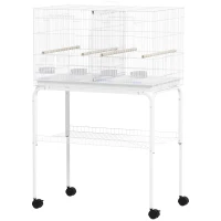 PawHut Bird Cage with Divider, 4 Wooden Perches, Slide Out Tray, 4 Feeders, for Budgie, Lovebird, Canary, 76 x 46 x 116cm White(m-11)