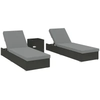 Outsunny Rattan Sun Loungers Set of 2 with Side Table, Garden Recliner Sunbeds with Adjustable Back, Cushions, Dark Grey(m-1)