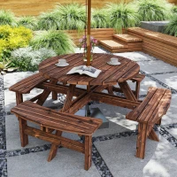 Outsunny Wooden Garden Dining Set, 8 Seater Patio Furniture Set with Round Picnic Table, Parasol Hole for Outdoor Garden, Tan(m-2)