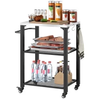 Outsunny Three-Shelf Outdoor Grill Cart with Stainless Steel Top, Outdoor Kitchen Island with 4 Wheels, 3 Hooks, Movable Food Prep Barbecue Pizza Oven Table for Kitchen, Garden, 65.5 x 41 x 79 cm(m-10)