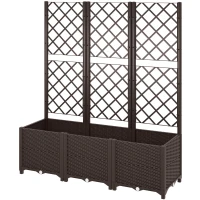 Outsunny Raised Garden Bed with Trellis, Plastic Planter Box with Drainage Holes, Drain Plugs and Water Reservoirs for Climbing Plants, Vegetables, Flowers, Brown(m-11)