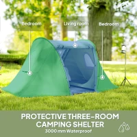Outsunny 3 Man Camping Tent with Living Area and 2 Bedrooms, 3000mm Waterproof Family Tent with Sewn-in Groundsheet and bag, Portable Dome Shelter for Hiking, Festival, Backpacking, Green(m-4)
