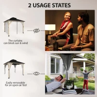 Outsunny 3 x 3 m Outdoor Hardtop Gazebo Canopy with 2-Tier Steel Roof, Wood Garden Gazebo with Curtains, Light Grey(m-5)