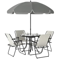 Outsunny 4 Seater Garden Furniture Set, 6 Pieces Garden Table and Chairs with Parasol, Outdoor Garden Dining Set with Folding Chairs and Round Glass Top Table for Patio, Cream White(m-10)