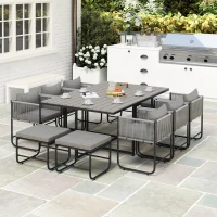 Outsunny 10 Seater Rattan Cube Garden Furniture Set, Rattan Dining Set with Cushions, Outdoor Dining Table and Chairs with 6 Armchairs, 4 Stools, Rectangular Wood Grain Plastic Top Table, Grey(m-9)