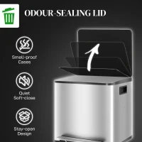 HOMCOM 30L Dual Compartment Stainless Steel Bin, with Deodoriser Holders - Silver Tone(m-6)