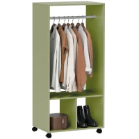 HOMCOM Open Wardrobe on Wheels, Bedroom Wardrobe with Clothes Hanging Rail, 2 Storage Shelves, Mobile Garment Rack for Cloakroom, Hallway, Green(m-10)