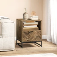 HOMCOM Bedside Table with Drawer and Shelf, Side End Table with Steel Legs for Living Room, Bedroom, Brown Wood Effect(m-8)