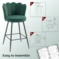 HOMCOM Set of Two Velvet-Feel Lotus Bar Stools - Dark Green(m-7)