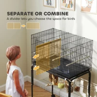 PawHut Bird Cage with Divider, 4 Wooden Perches, Slide Out Tray, 4 Feeders, for Budgie, Lovebird, Canary, 76 x 46 x 116cm Black(m-4)