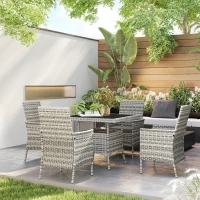 Outsunny Rattan Garden Furniture Set, Outdoor Dining Table and Chairs 4 Seater with Cushions, Square Tempered Glass Top, 4 Armchairs, for Balcony, Terrace, Conservatory, Mixed-Grey(m-9)