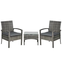 Outsunny 3 Pieces Rattan Bistro Set, Wicker Garden Furniture Set with Glass Top Coffee Table and Chairs, Washable Cushions for Outdoor, Patio, Balcony, Mixed Grey(m-1)