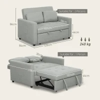 HOMCOM Loveseat Sofa Bed, Convertible Bed Settee with 2 Pillows, Side Pockets, Light Grey(m-3)