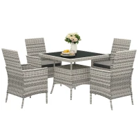Outsunny Rattan Garden Furniture Set, Outdoor Dining Table and Chairs 4 Seater with Cushions, Square Tempered Glass Top, 4 Armchairs, for Balcony, Terrace, Conservatory, Mixed-Grey(m-10)