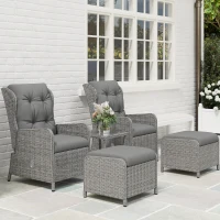 Outsunny 5 Pieces Rattan Bistro Set with Adjustable Back, Reclining Wicker Balcony Furniture with Cushions, Glass Top Coffee Table and Footstools, Outdoor Table and Chairs, Light Grey(m-8)
