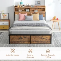 HOMCOM Industrial Double Bed Frame, 4.6FT Steel Bed Base with Storage Headboard, Footboard, Slatted Support and Under Bed Storage, 141 x 207cm, Rustic Brown(m-6)