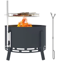 Outsunny Portable Fire Pit, 58 cm Round Firepit with Grill Grate, Fire Bowl with Ash Catcher and Poker, Fire Pit BBQ for Garden Camping Bonfire Picnic, Black(m-10)