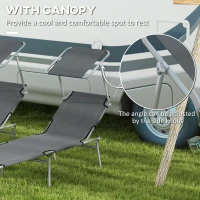 Outsunny Folding Sun Lounger Set of 2 with Canopy, Reclining Sunbed with 4-Position Adjustable Backrest, 600D Oxford Cloth, Portable Garden Lounger Recliner Chair for Beach, Camping, Patio, Grey(m-6)