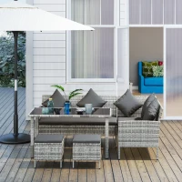 Outsunny tsunny 6-Seater Rattan Dining Set Sofa Table Footstool Outdoor w/ Cushion Garden Furniture, Dark Grey(m-8)