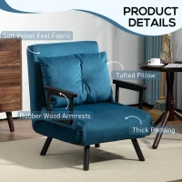 HOMCOM 4-in-1 Velvet-Feel Single Chair Bed, with Pillow - Navy Blue(m-6)