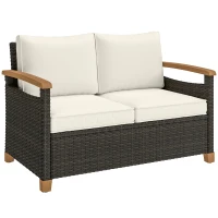Outsunny 2 Seater Rattan Garden Sofa, Outdoor Sofa with Thickened Cushions and Acacia Wood Armrests, Brown(m-1)