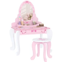 AIYAPLAY Kids Dressing Table Set, Vanity Table with Stool, Mirror, Drawer, Desktop, Storage, Ballet-Theme, Pink(m-10)