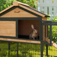 PawHut Wooden Rabbit Hutch Outdoor with Steel Run, Wooden Guinea Pig Cage with Removable Plastic Tray, Asphalt Roof, Ramp(m-9)