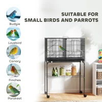 PawHut Bird Cage with Divider, 4 Wooden Perches, Slide Out Tray, 4 Feeders, for Budgie, Lovebird, Canary, 76 x 46 x 116cm Black(m-9)