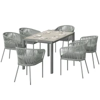 Outsunny Rattan Dining Set, 6 Seater Rattan Garden Furniture Set with Acacia Wood Top Rectangle Table, 6 Chairs, Washable Seat Cushions, for Outdoor, Patio, Conservatory, Grey(m-10)