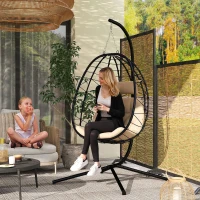 Outsunny Hanging Egg Chair Outdoor Indoor Garden Swing Chair with Folding Basket, Thickened Cushion, Garden Hanging Chair with Stand, Headrest for Patio, Balcony, Khaki(m-2)
