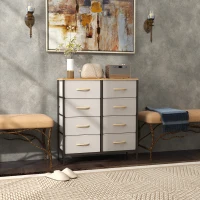 HOMCOM Fabric Chest of Drawers, Industrial Bedroom Dresser with 8 Fabric Drawers, Steel Frame and Wooden Top for Nursery, Living Room, Hallway, Cream White(m-2)