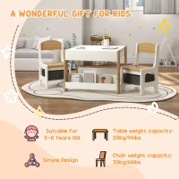 HOMCOM Three-Piece Kids Table and Chair Set with Blackboard, Storage, Bookshelves - Natural Wood(m-5)