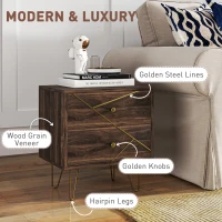 HOMCOM Bedside Tables Set of 2, Modern Side Table Set with 2 Drawers and Steel Hairpin Legs, Nightstand for Bedroom, Brown Wood Grain(m-6)