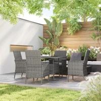 Outsunny Rattan Garden Furniture Set, Outdoor Dining Table and Chairs 4 Seater with Cushions, Square Tempered Glass Top, 4 Armchairs, for Balcony, Terrace, Conservatory, Grey(m-9)