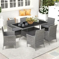 Outsunny 7-Piece Rattan Garden Furniture Set with Cushions, 6 Seater Garden Table and Chairs, Rattan Dining Set with 6 Armchairs, Rectangular Glass Top Table, Charcoal Grey(m-2)