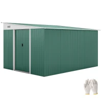 Outsunny Garden Metal Storage Shed Outdoor Metal Tool House with Double Sliding Doors and 2 Air Vents, 11.3x9.2ft, Green(m-10)