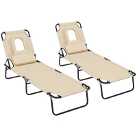 Outsunny Folding Sun Loungers Set of 2 with Face Hole, 4-Position Adjustable Backrest Garden Recliner Chairs Sunbeds, Outdoor Lounge Chairs with 600 D Oxford Cloth Seat, Pillow for Beach, Sand(m-1)
