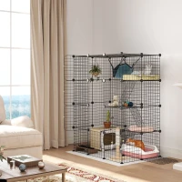 PawHut Four-Tier DIY Large Cat Cage with Hammock, Ramps, Five Doors, Indoor Use for 1-3 Cats, Black(m-10)