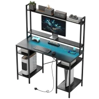 HOMCOM Computer Desk with Power Outlets and LED Lights, Home Office Desk with Monitor Stand, 2 CPU Stands and Storage Shelves, Study Table Gaming Desk with Hutch, Black(m-11)