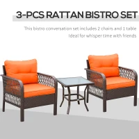 Outsunny 3 Pieces Rattan Bistro Set with Glass Top Coffee Table, Chairs and Cushions for Outdoor, Patio, Balcony, Orange(m-4)