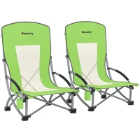 Outsunny Set of 2 Folding Beach Chair, Low Camping Chair with Mesh Back, Carry Bag and Cup Holder for Garden Outdoor Picnic Festival Travel, Green(m-10)